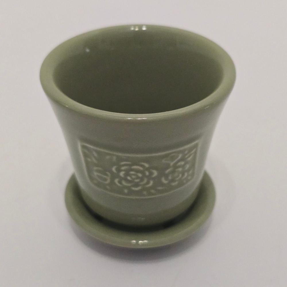 Longaberger Pottery 2001 May Series Peony Flower pot & Saucer Sage Green